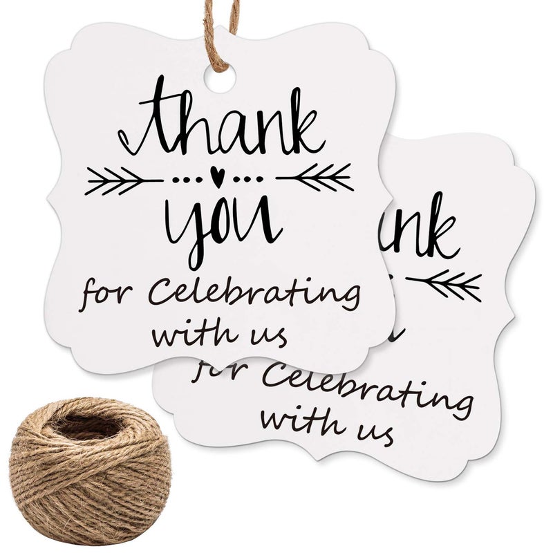 Mr.Mug 100 White Thank You Tags for Wedding, Birthday, Baby Shower & Party Favors - Paper Gift Tags with Jute String - Image 1